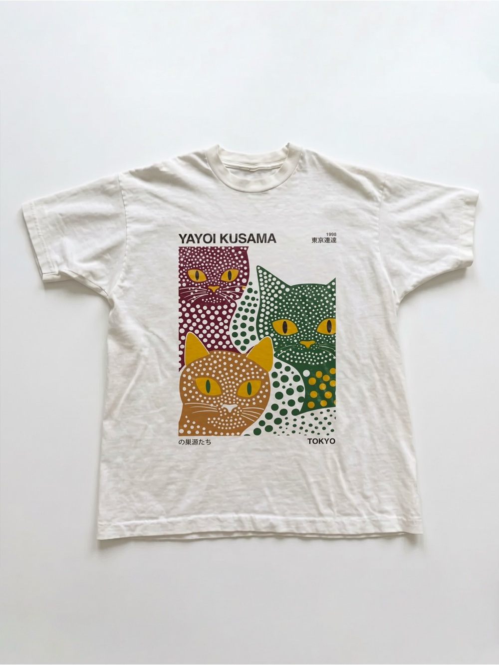 Yayoi Kusama Cat Graphic Tee - White with Multicolor Cat Prints